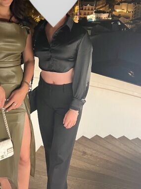 Satin Cropped Button Blouse - Black, open back, night out top